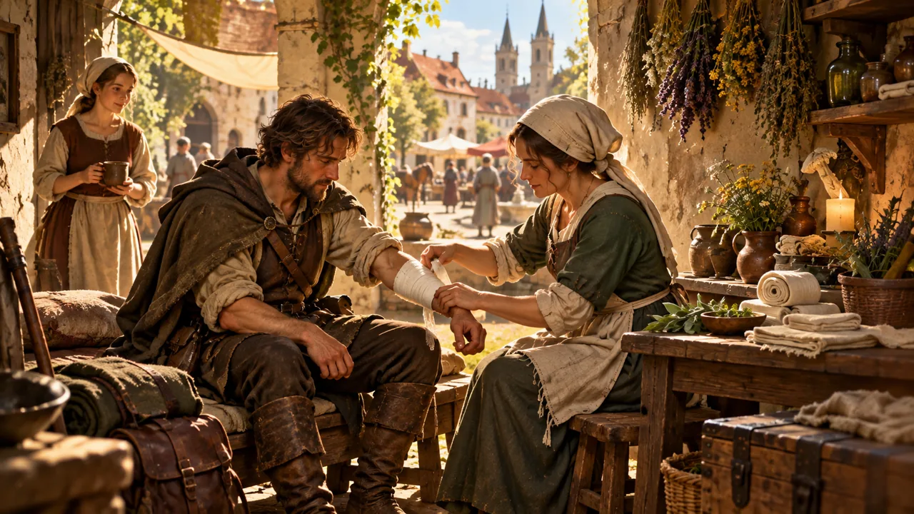 A healer bandages a traveller?s arm in a quiet infirmary.