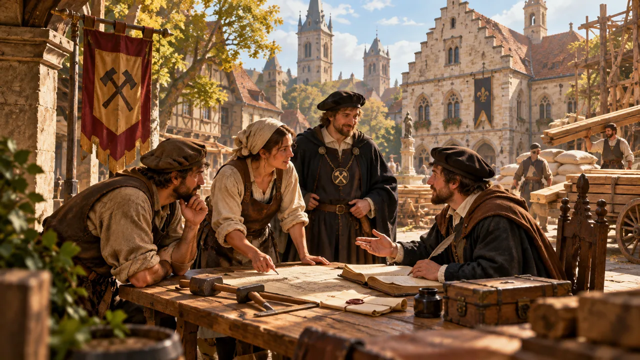 Townspeople and guild representatives discuss shared affairs with a clerk.